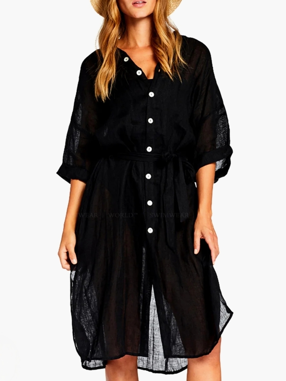 Vitamin A Playa Linen Caftan Midi Dress Sz M Black Coastal Beach Coverup